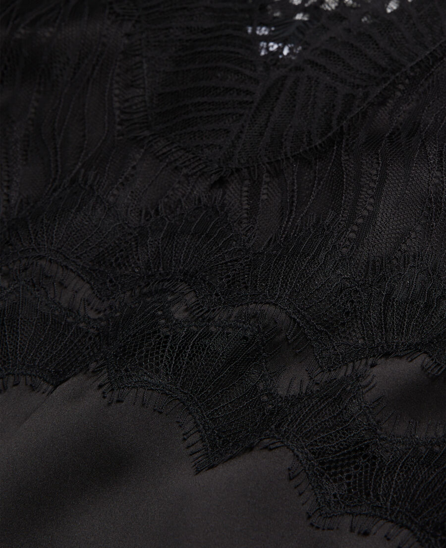 robe nuisette longue en soie noire avec détails en dentelle