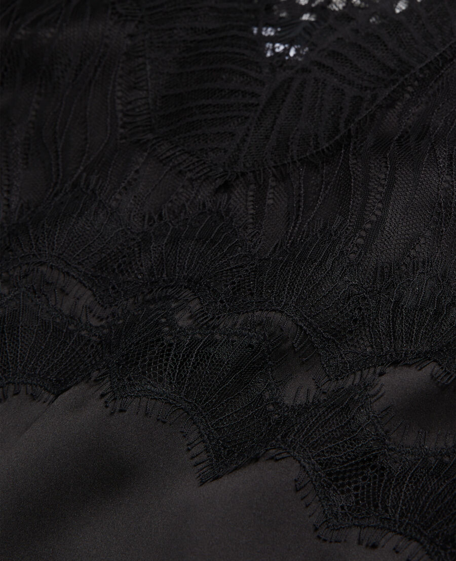 long black silk slip dress with lace details