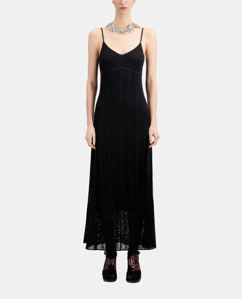The Kooples DAMEN BLACK langes, schwarzes strickkleid mit ajour-details