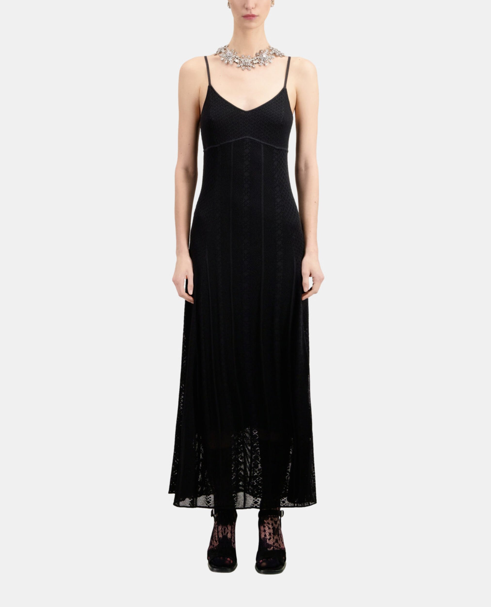 Long black openwork knit dress, BLACK, hi-res image number null