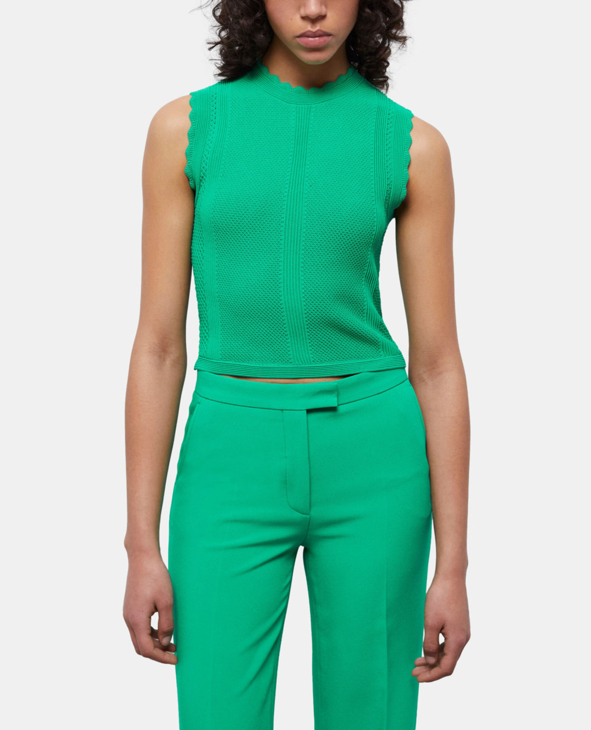 Green short openwork knit top, GREEN, hi-res image number null