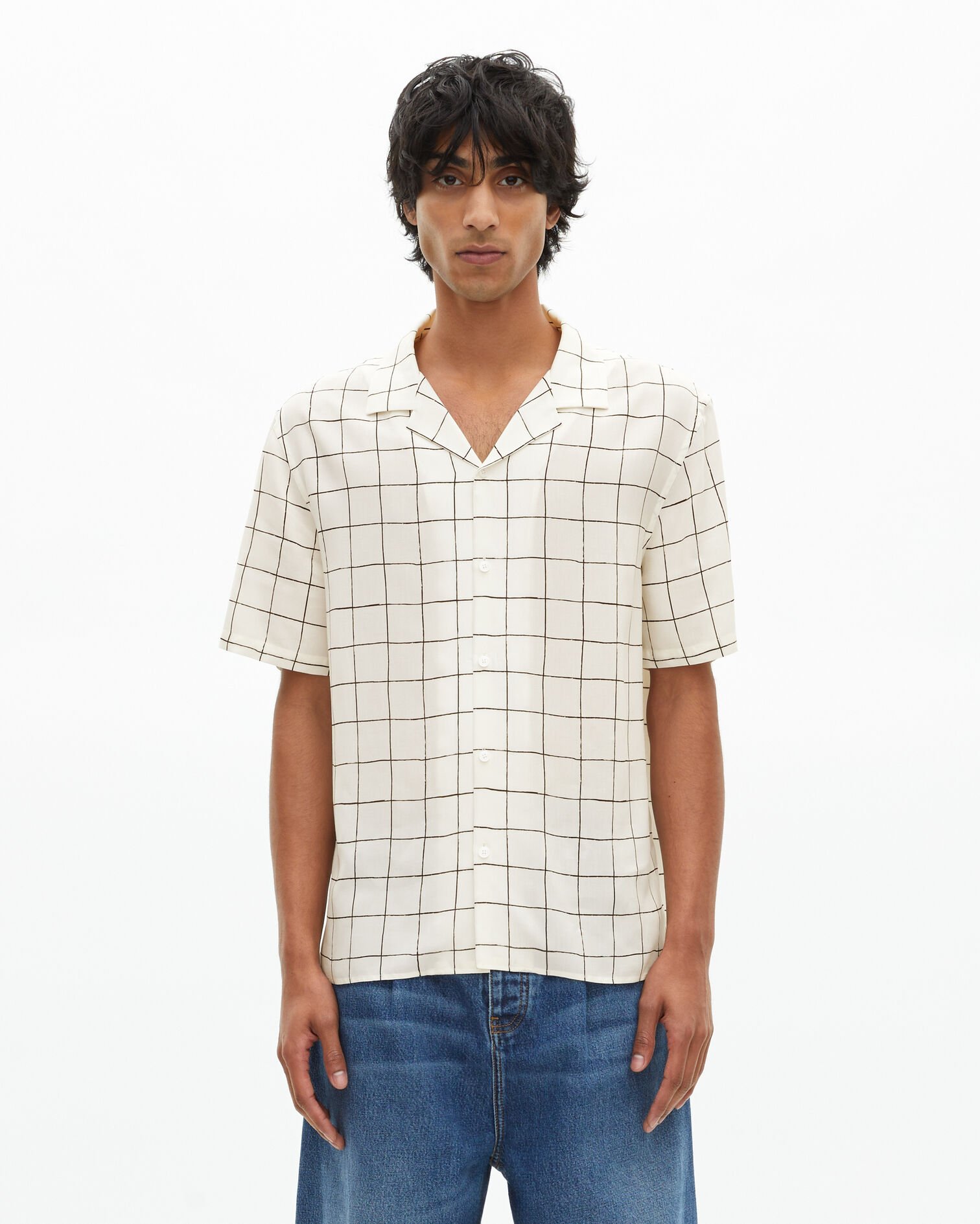Short-sleeved plaid shirt, ecru, WHITE / BLACK, hi-res image number null