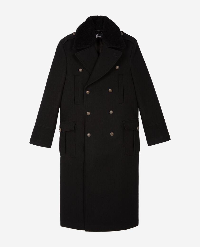 The Kooples MEN BLACK long black wool coat with sherpa collar