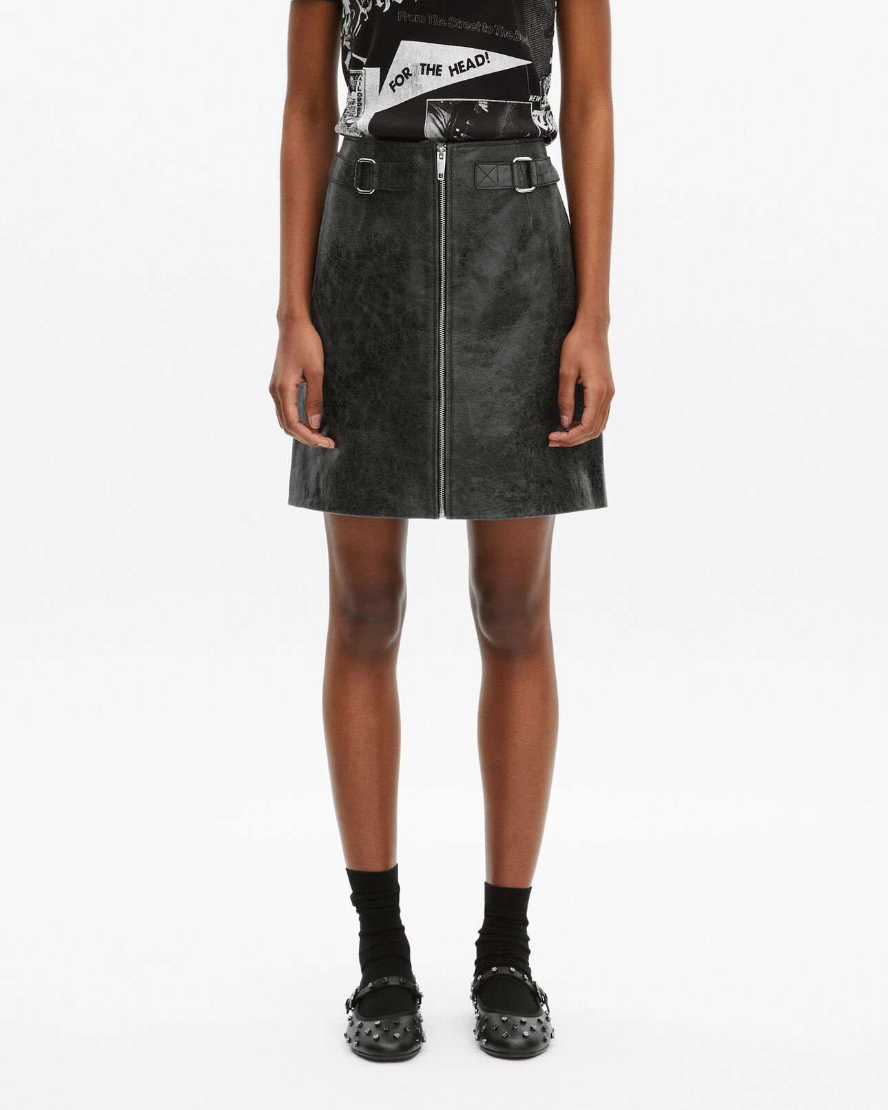 The Kooples FEMME BLACK STONE jupe courte zippée en cuir noire