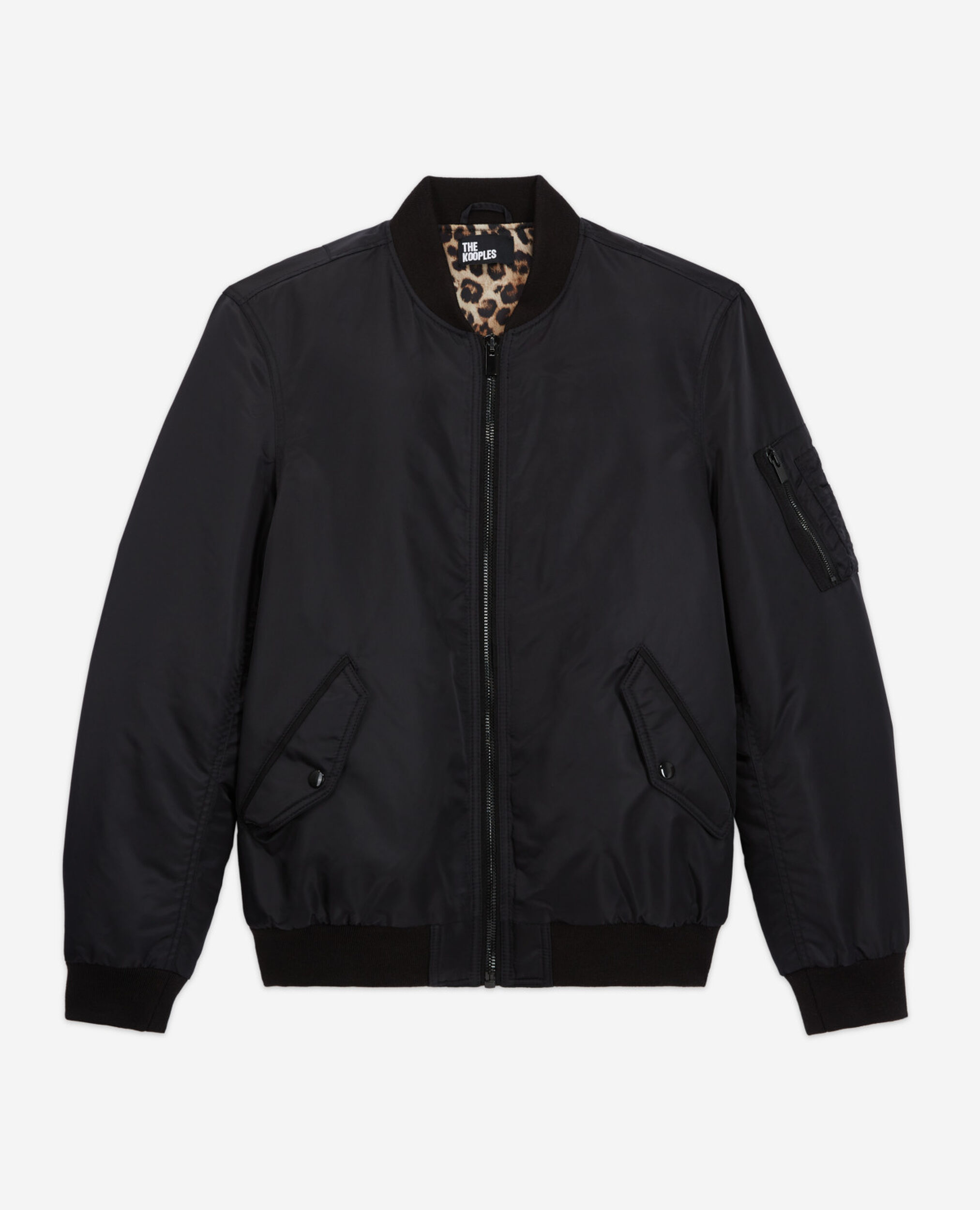 Black bomber jacket with leopard lining, BLACK, hi-res image number null