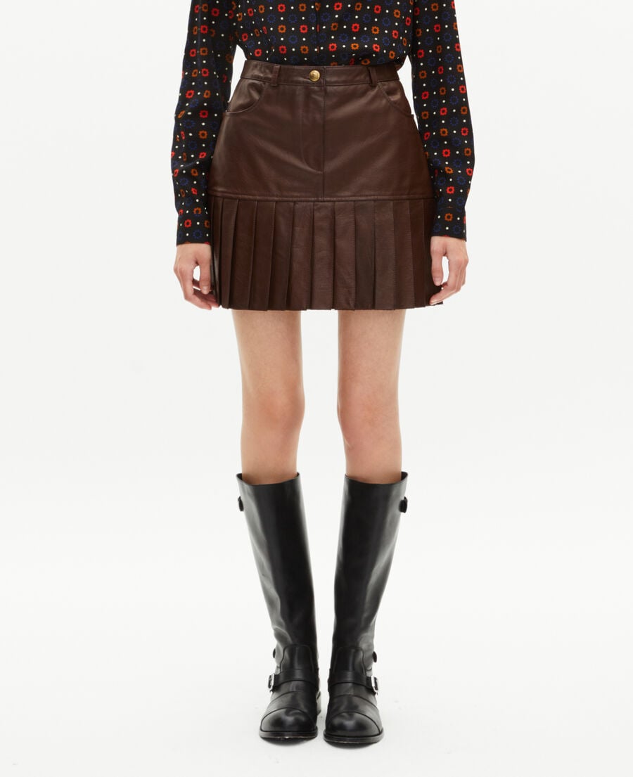 The Kooples WOMEN EBENE short pleated skirt in brown leather