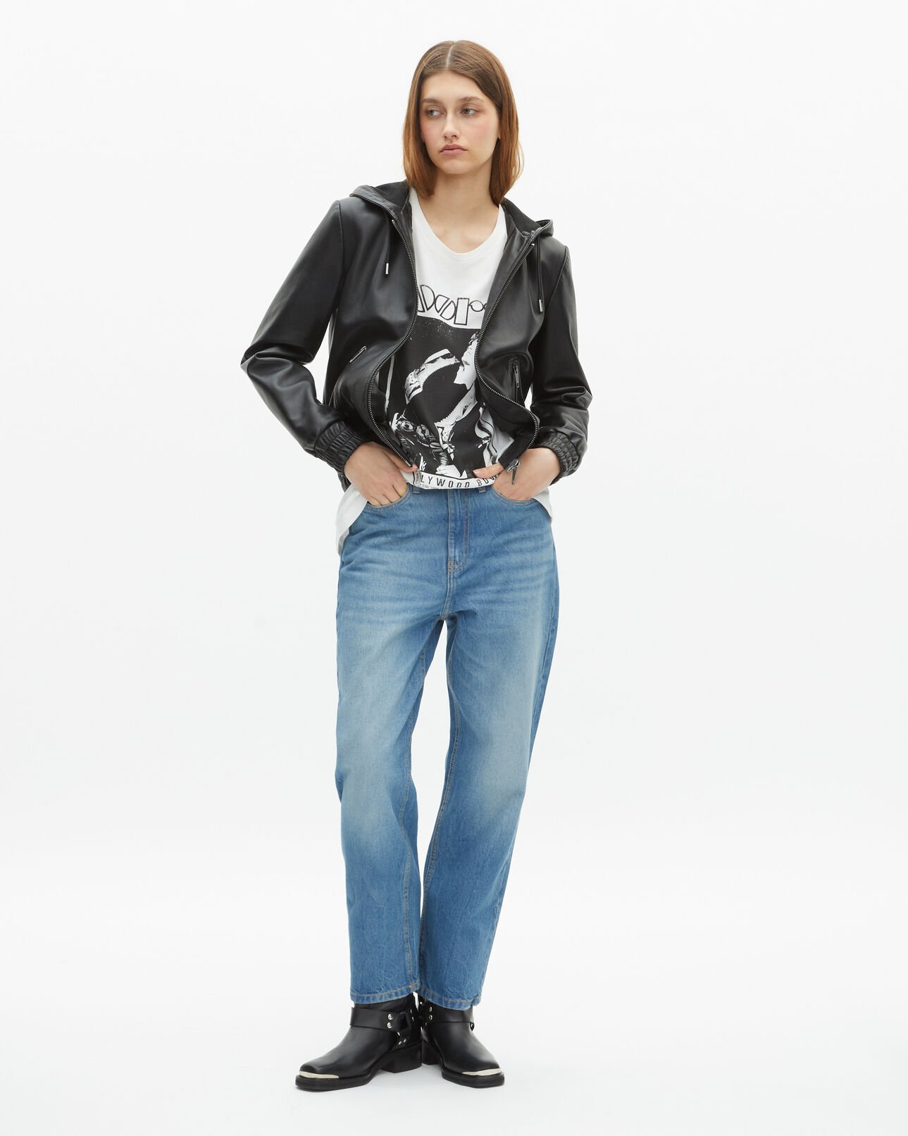 The Kooples WOMEN BLACK black leather hooded jacket