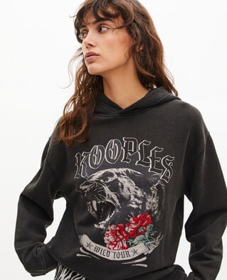 The Kooples DAMEN BLACK WASHED kapuzen-sweatshirt mit schwarzem siebdruck