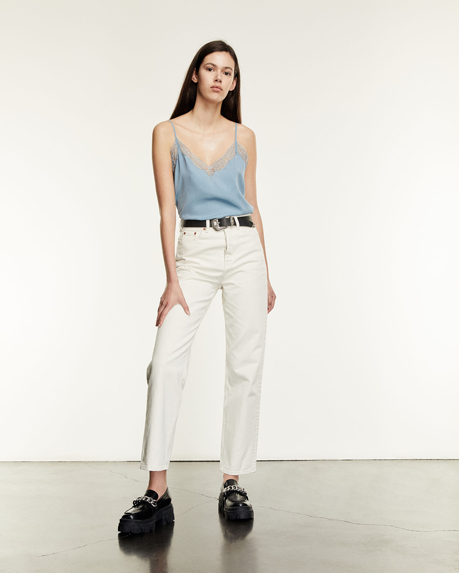 Blue silk camisole with lace detail, BLUE, hi-res image number null