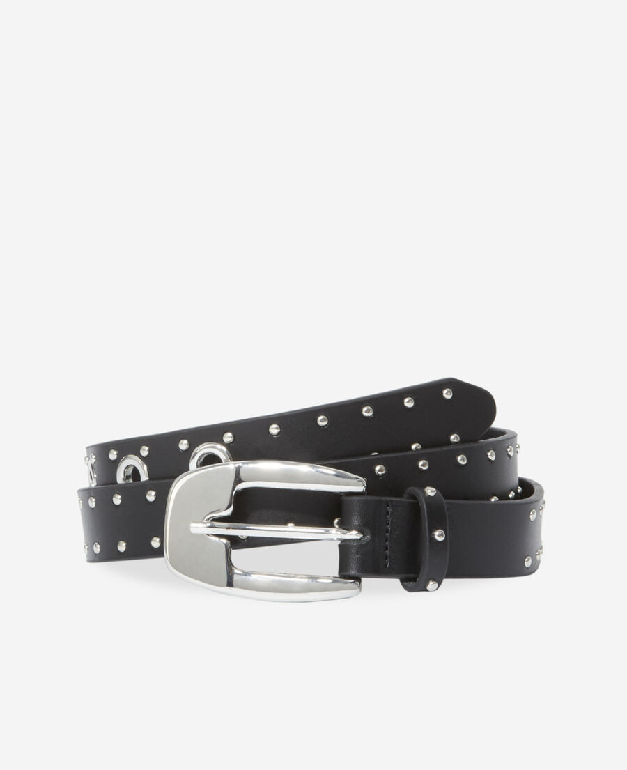 black high-waist thin leather belt
