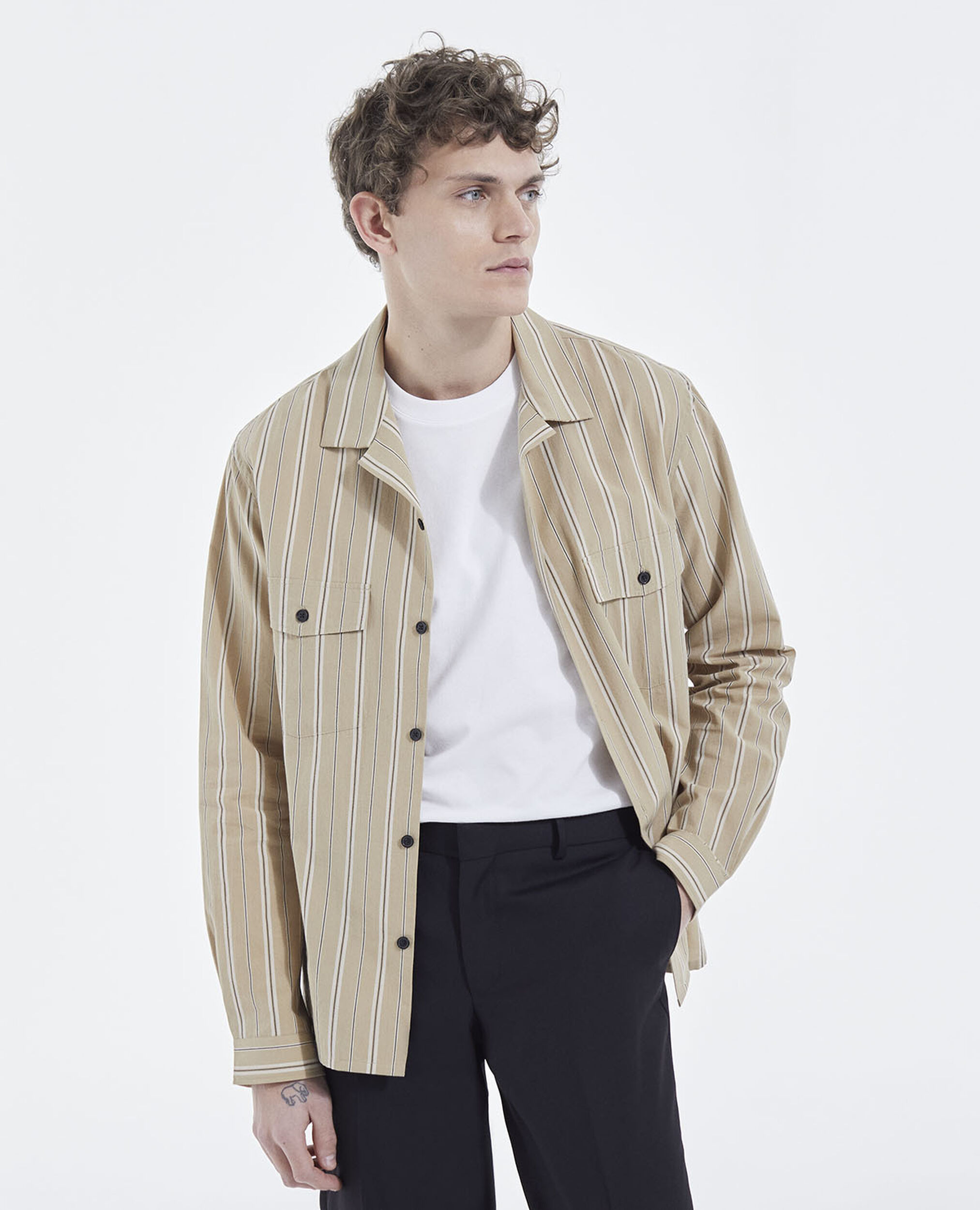 Beige striped Hawaiian-collar shirt, CAMEL / BLACK, hi-res image number null