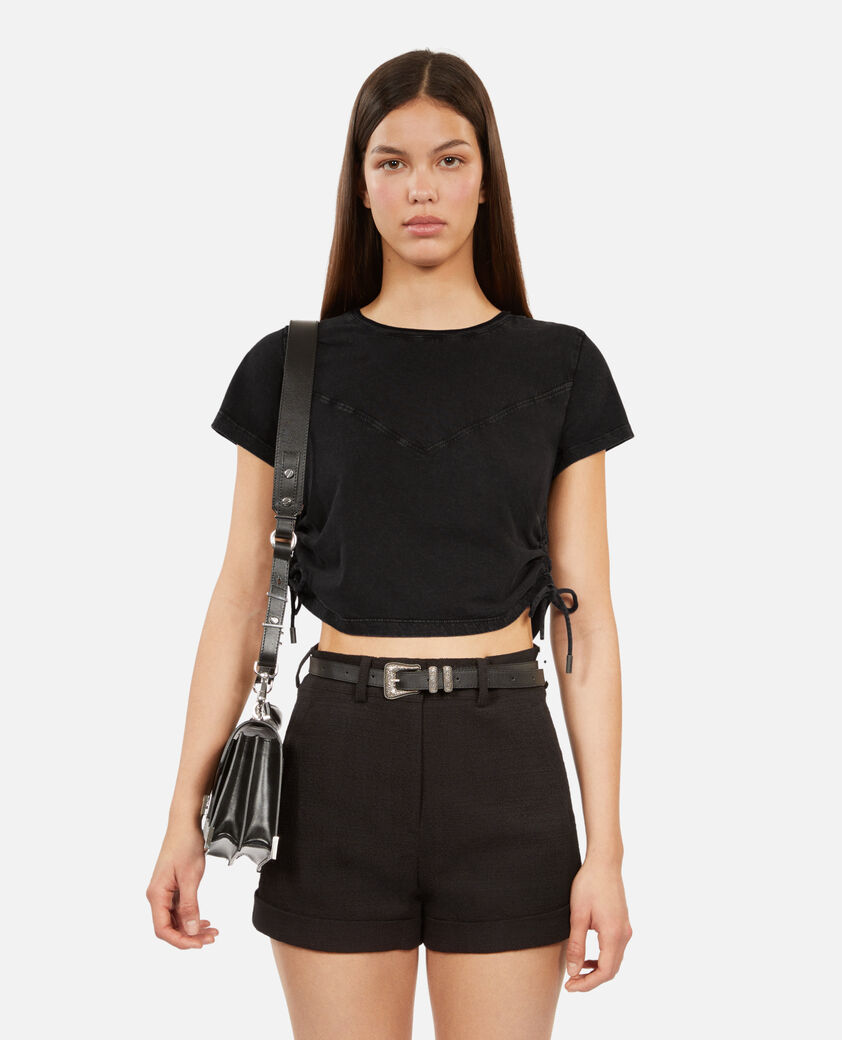 The Kooples WOMEN BLACK WASHED black t-shirt with lacing