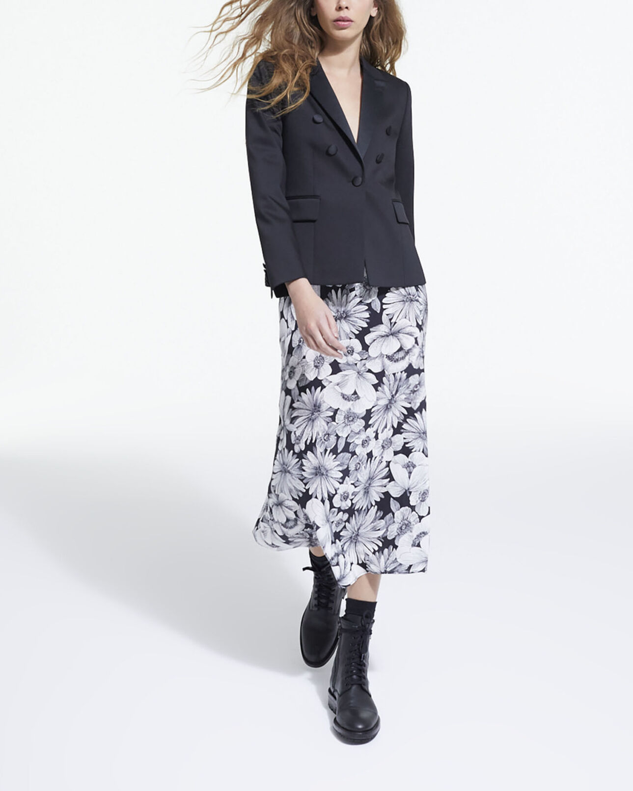 The Kooples FEMME BLACK WHITE jupe longue en soie fleurie