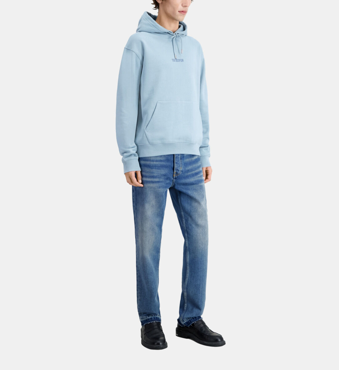 Blue hoodie and jeans sales