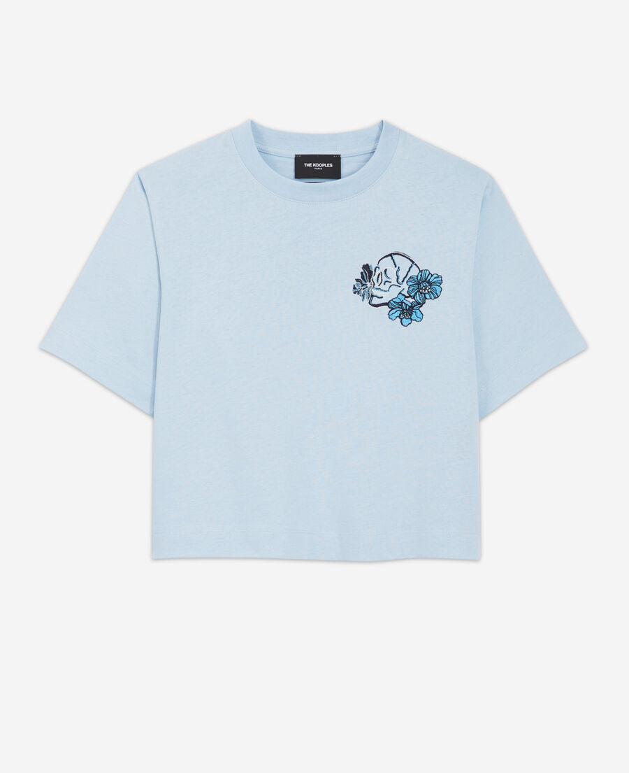 blue cotton embroidered t-shirt w/ crew neck