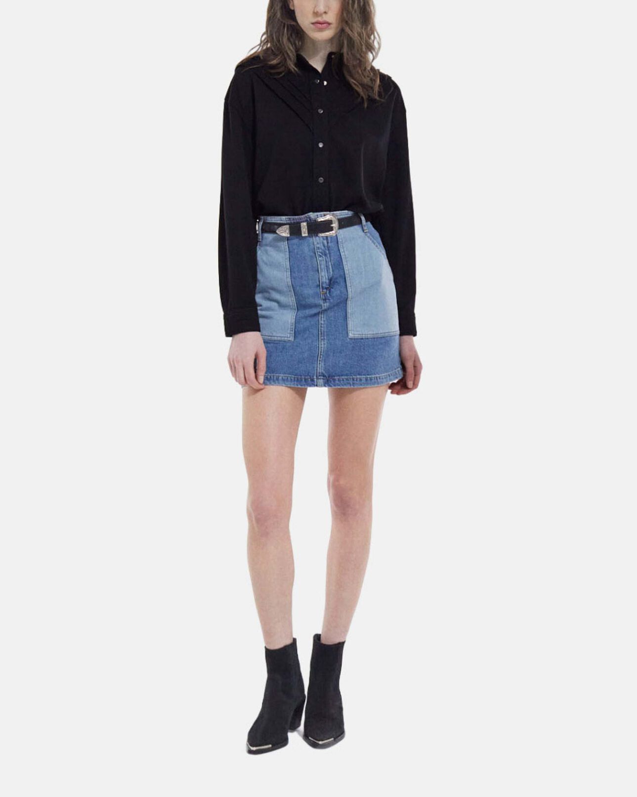 The Kooples FEMME BLUE WASHED jupe courte en jean poches patchwork