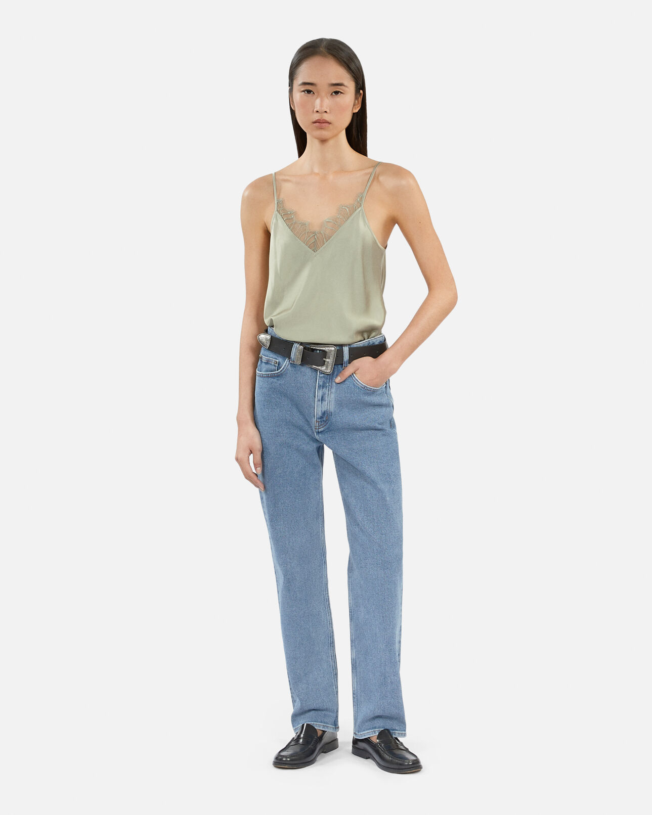 The Kooples WOMEN KAKI GREY light green camisole with lace