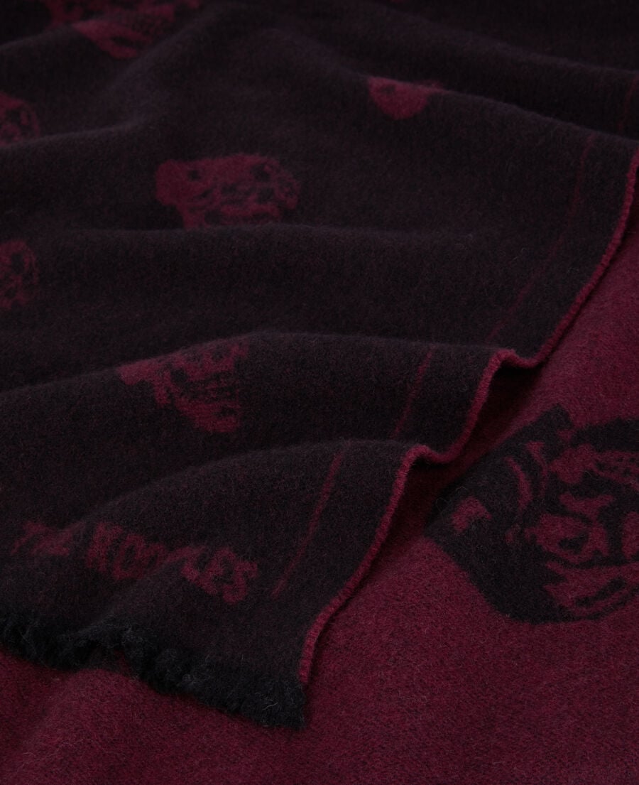 The Kooples FEMME BLACK-BORDEAUX echarpe noire et bordeaux en laine avec têtes de mort