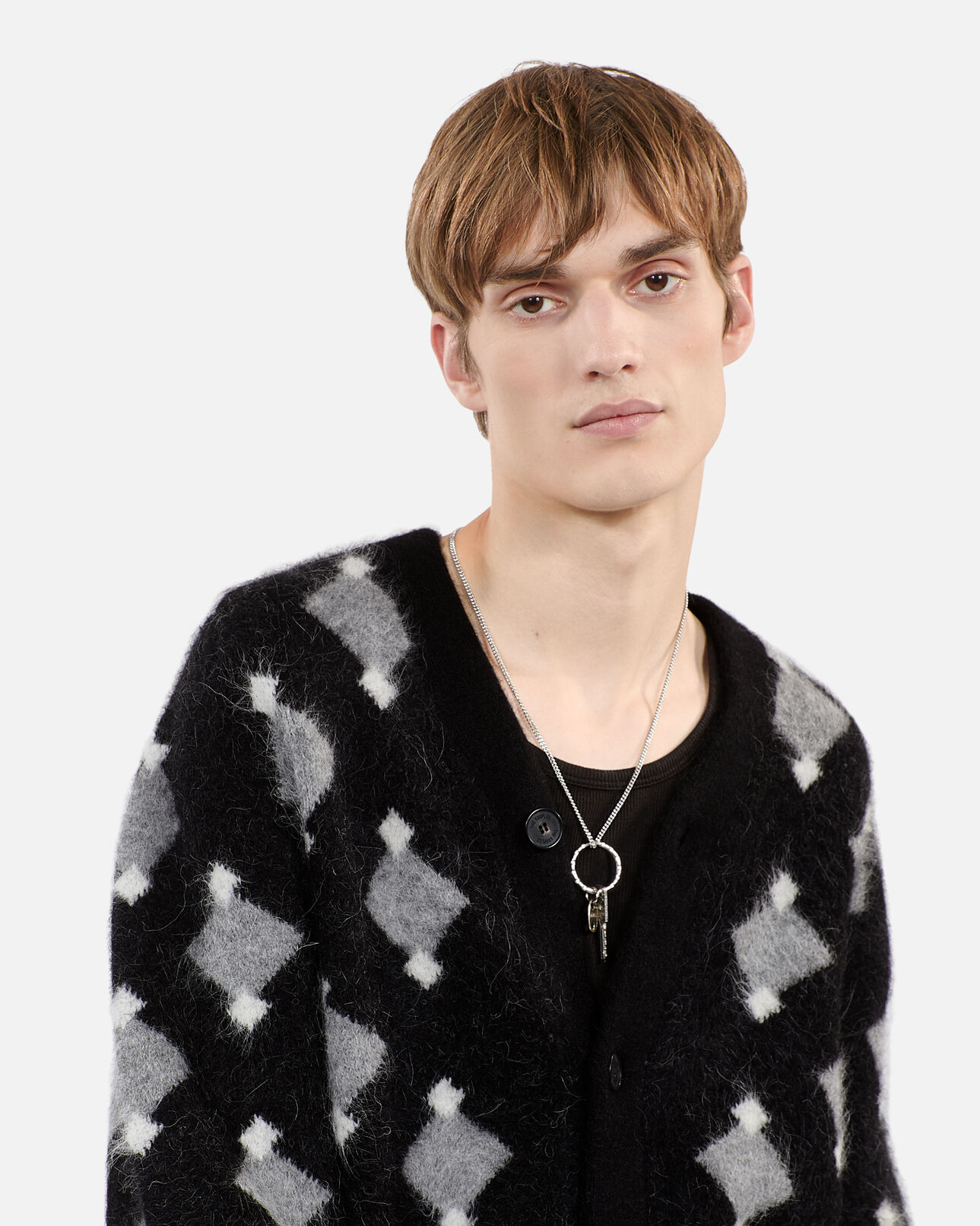 The Kooples HERREN BLACK GREY WHITE schwarz-weißer cardigan mit rautenmotiv