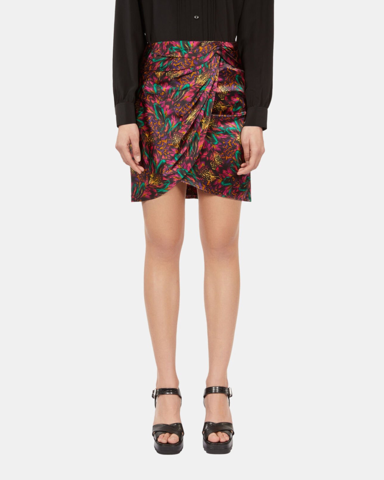 The Kooples WOMEN MULTICOLOR multicolor featherprint short silk skirt with draping