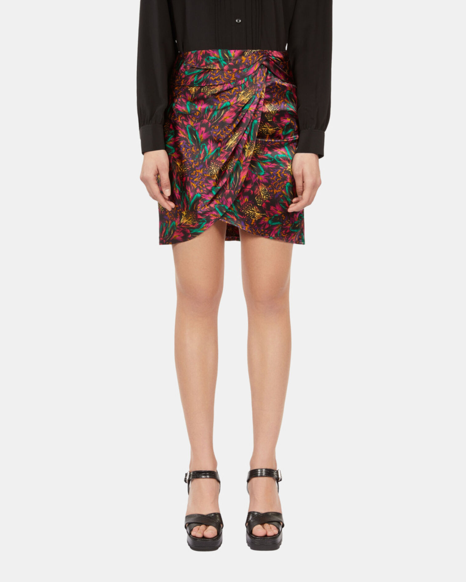 Multicolor featherprint short silk skirt with draping, MULTICOLOR, hi-res image number null