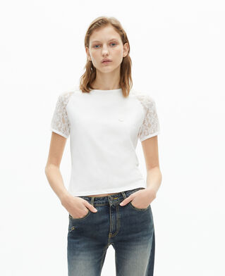 The Kooples FEMME ECRU t-shirt avec manches en dentelle blanc
