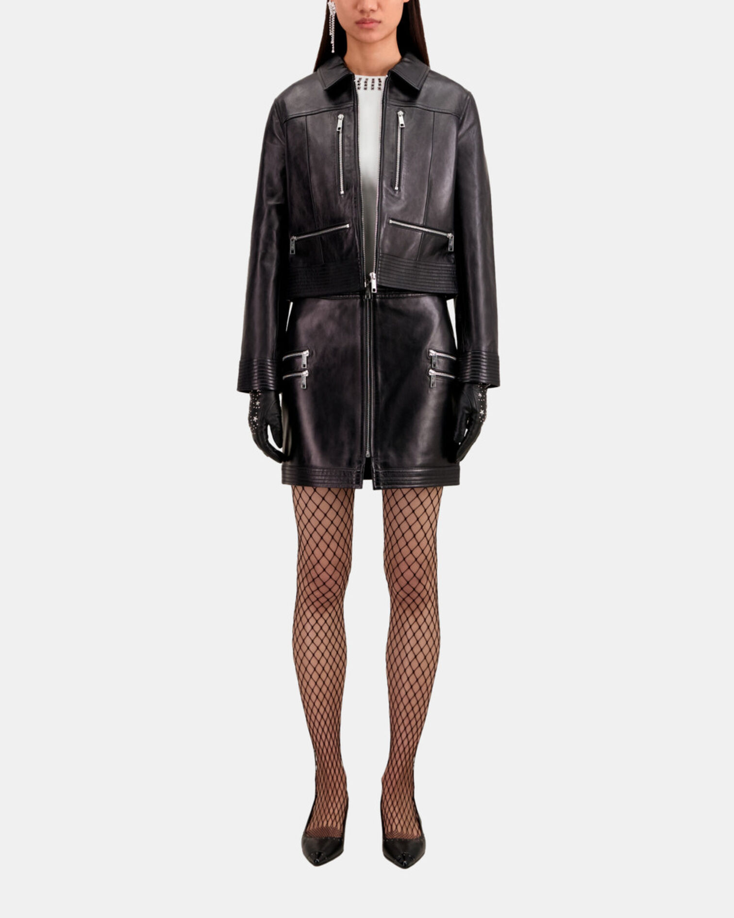 Black leather biker jacket with zipper, BLACK, hi-res image number null