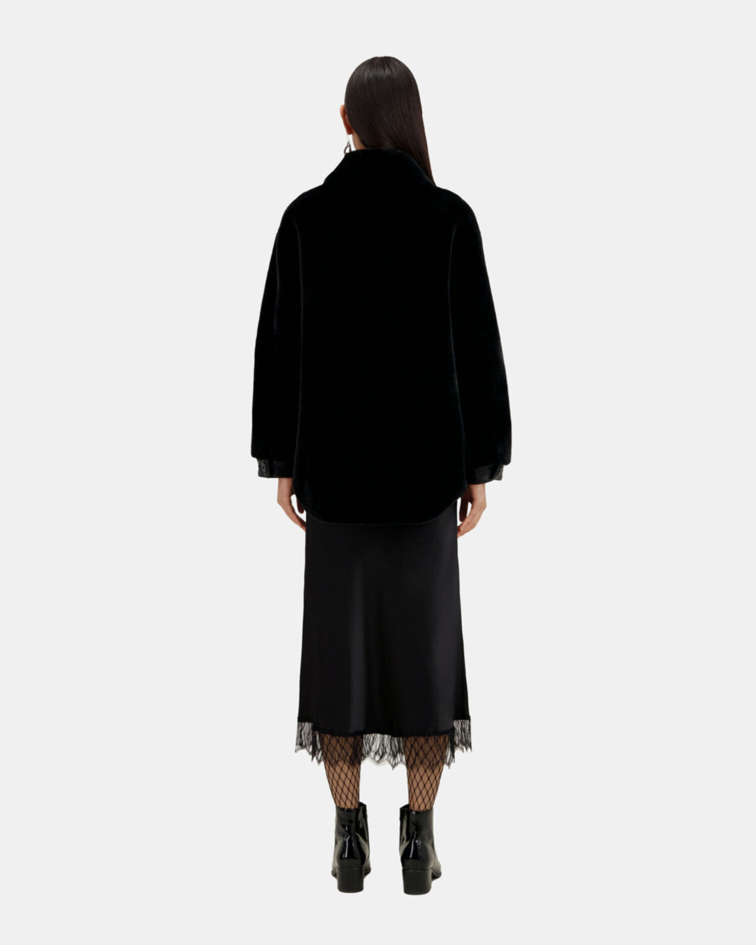 Blouson noir style surchemise imitation fourrure, BLACK, hi-res image number null
