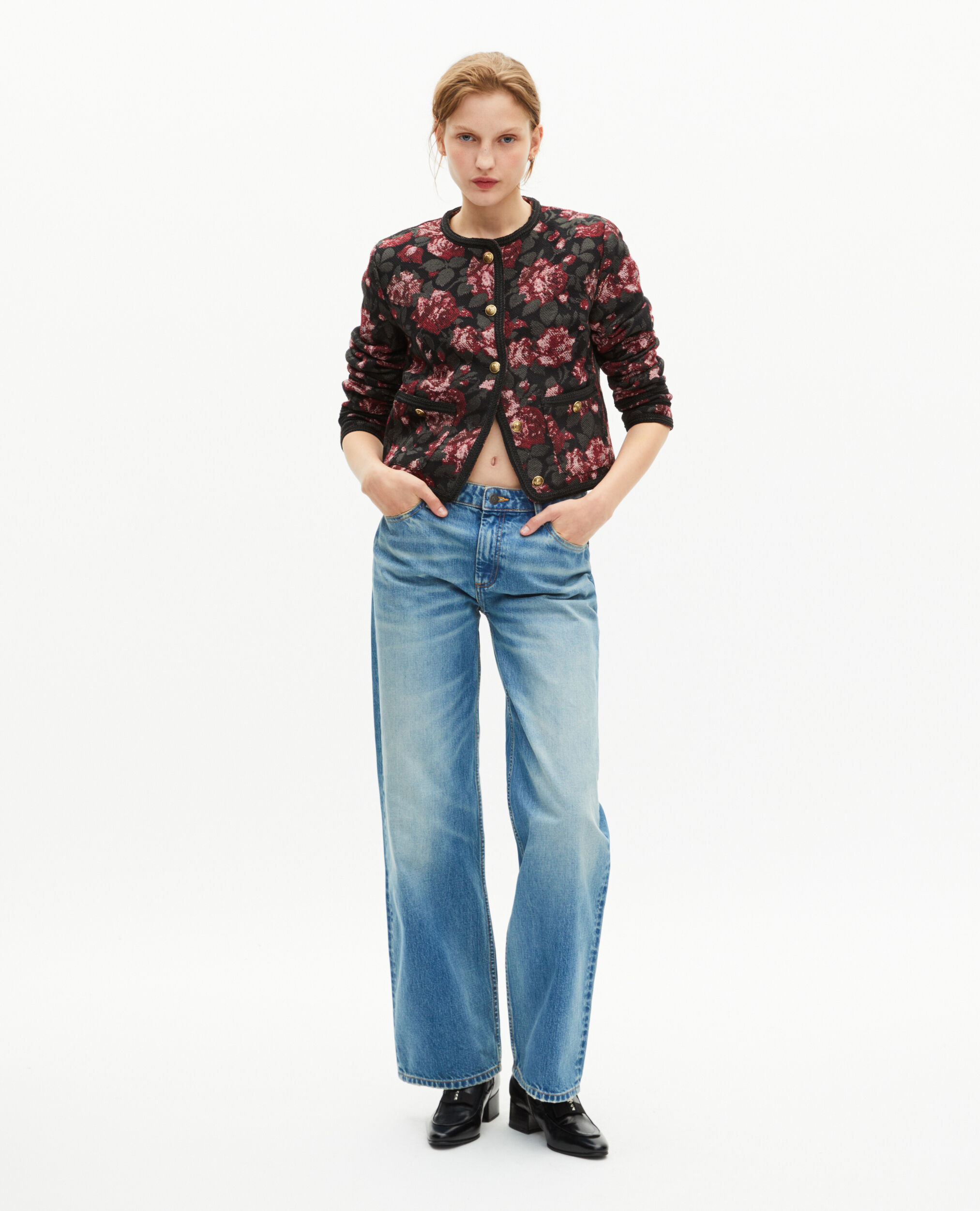 Blouson en jacquard roses bordeaux, BLACK - RED, hi-res image number null