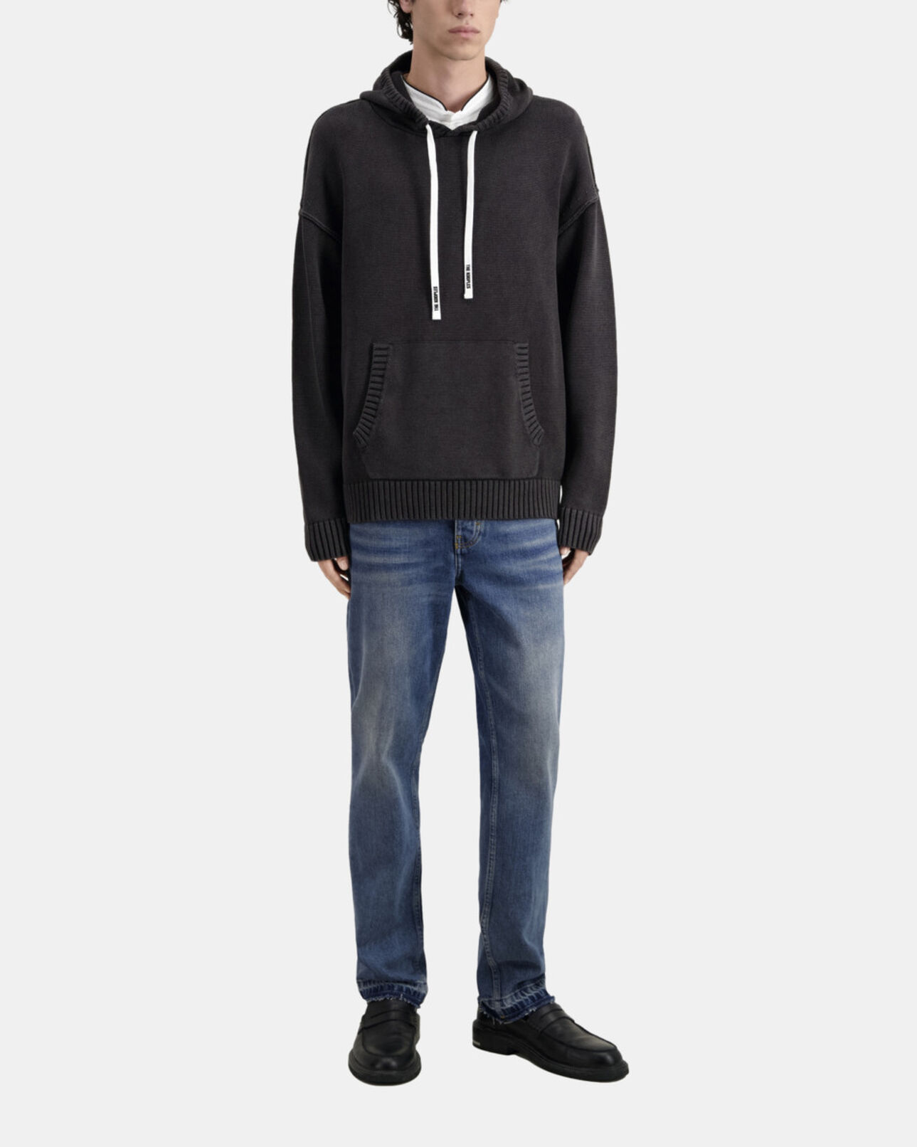 The Kooples MEN BLACK WASHED black cotton and wool hooded sweater