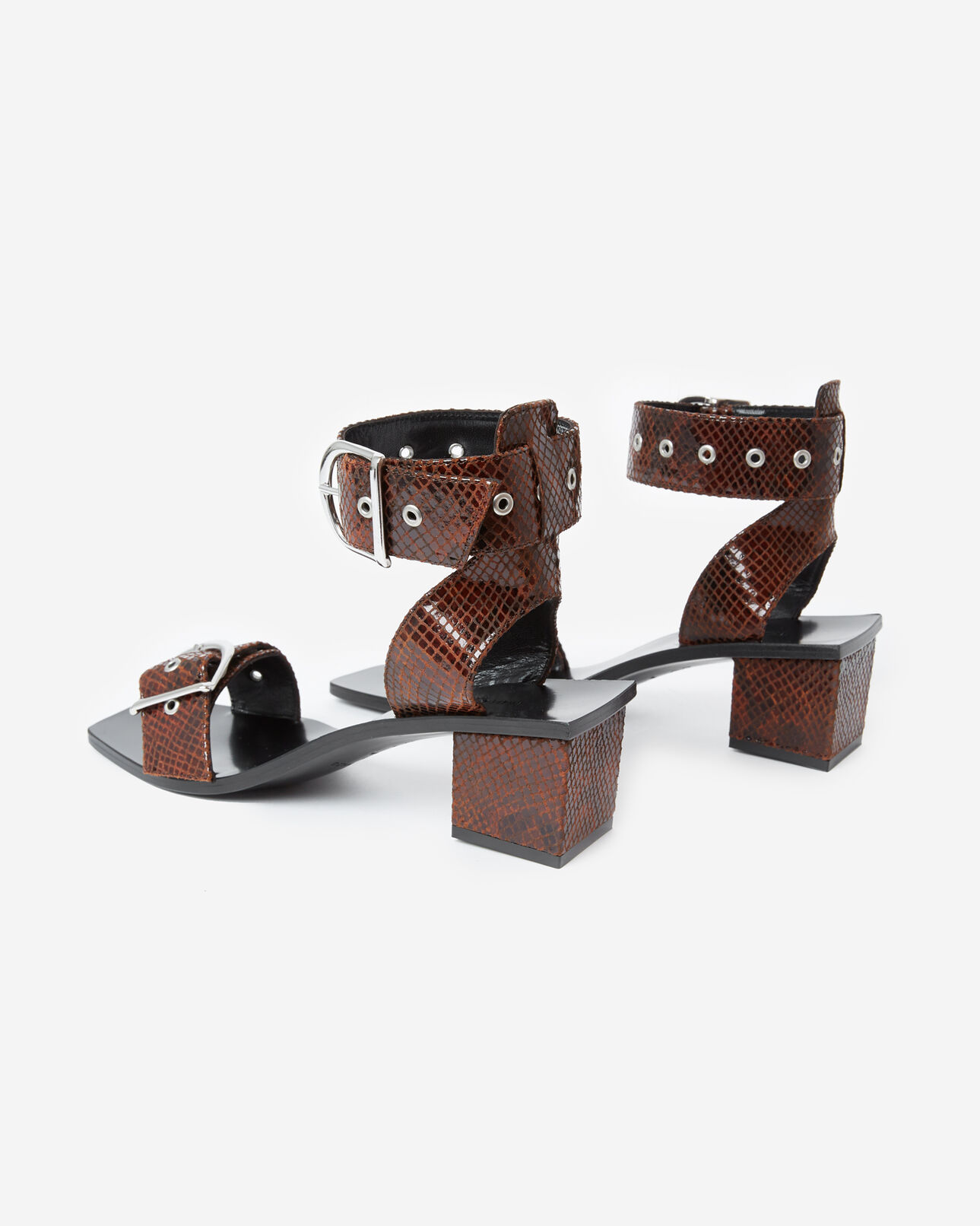 The Kooples FEMME BROWN sandales cuir à talons python marron