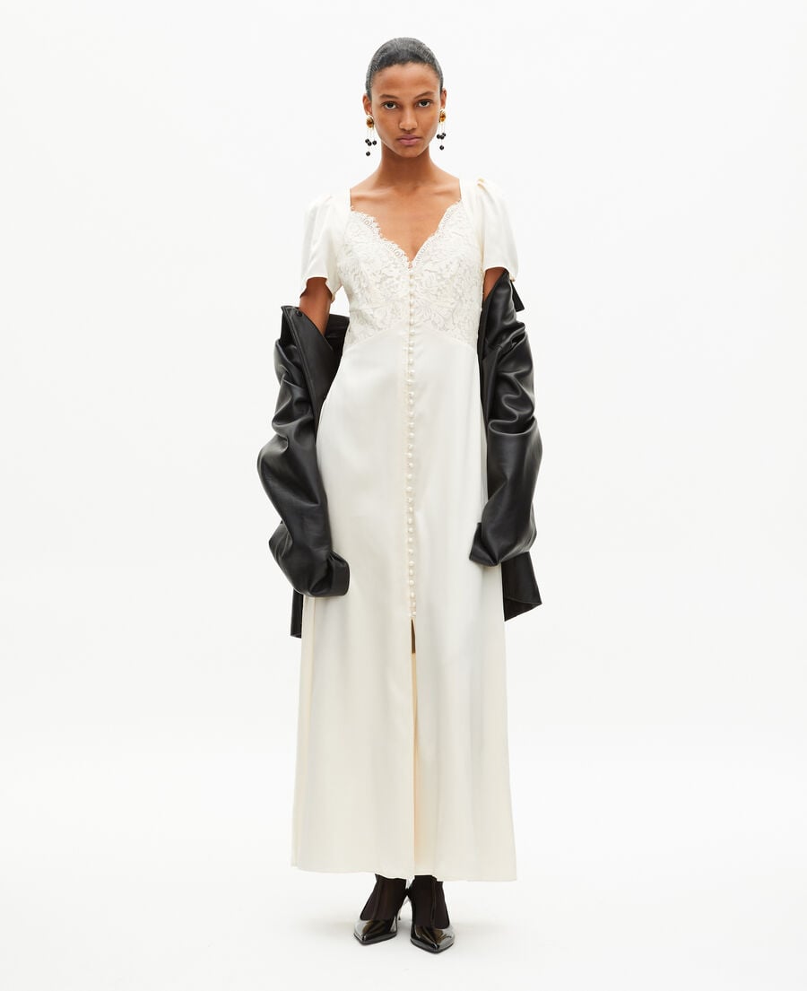 The Kooples F LIGHT BEIGE long silk dress with ecru lace
