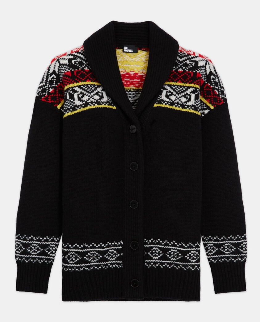 The Kooples FEMME BLACK / RED / YELLOW cardigan en laine à motifs