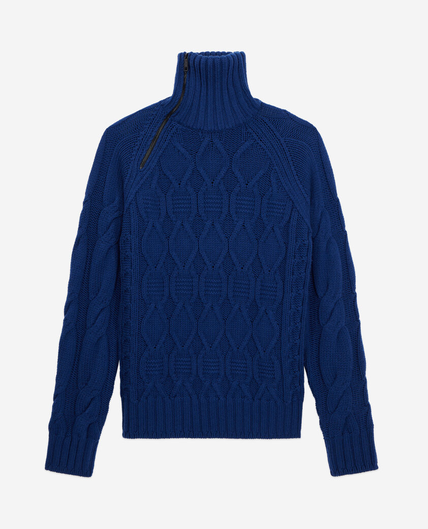 The Kooples HOMME ROYAL BLUE - DARK NAVY pull bleu en laine torsad&eacute;e avec zip