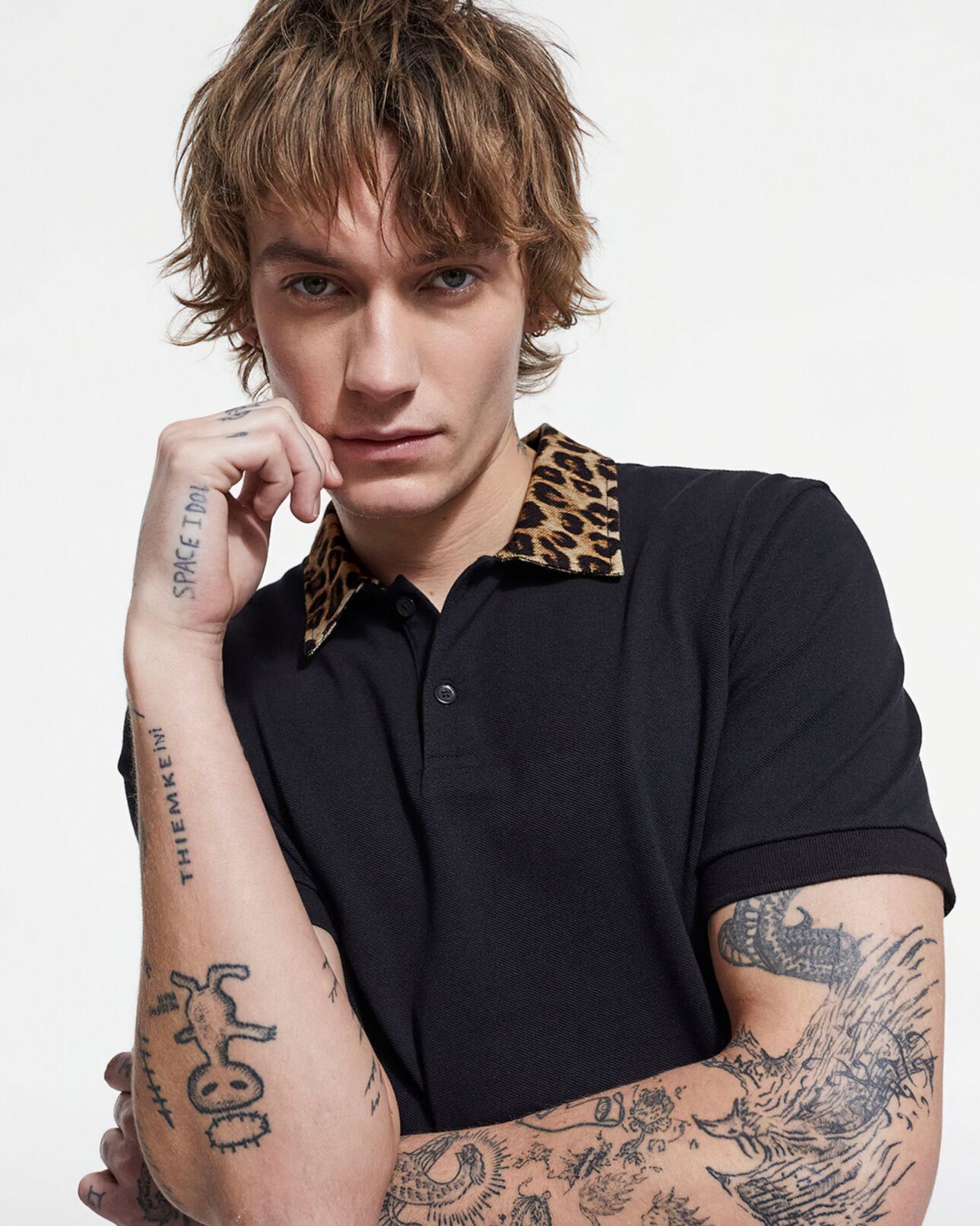 The Kooples MEN BLACK polo with leopard print collar