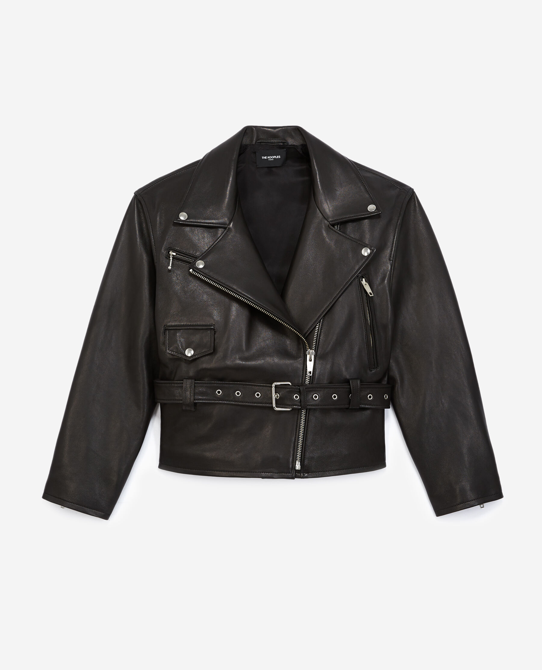 Belted biker-style black leather jacket