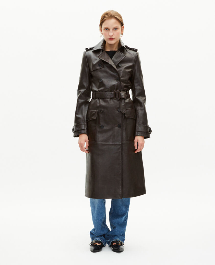 The Kooples DAMEN DARK BROWN MELANGE langer trenchcoat aus braunem leder