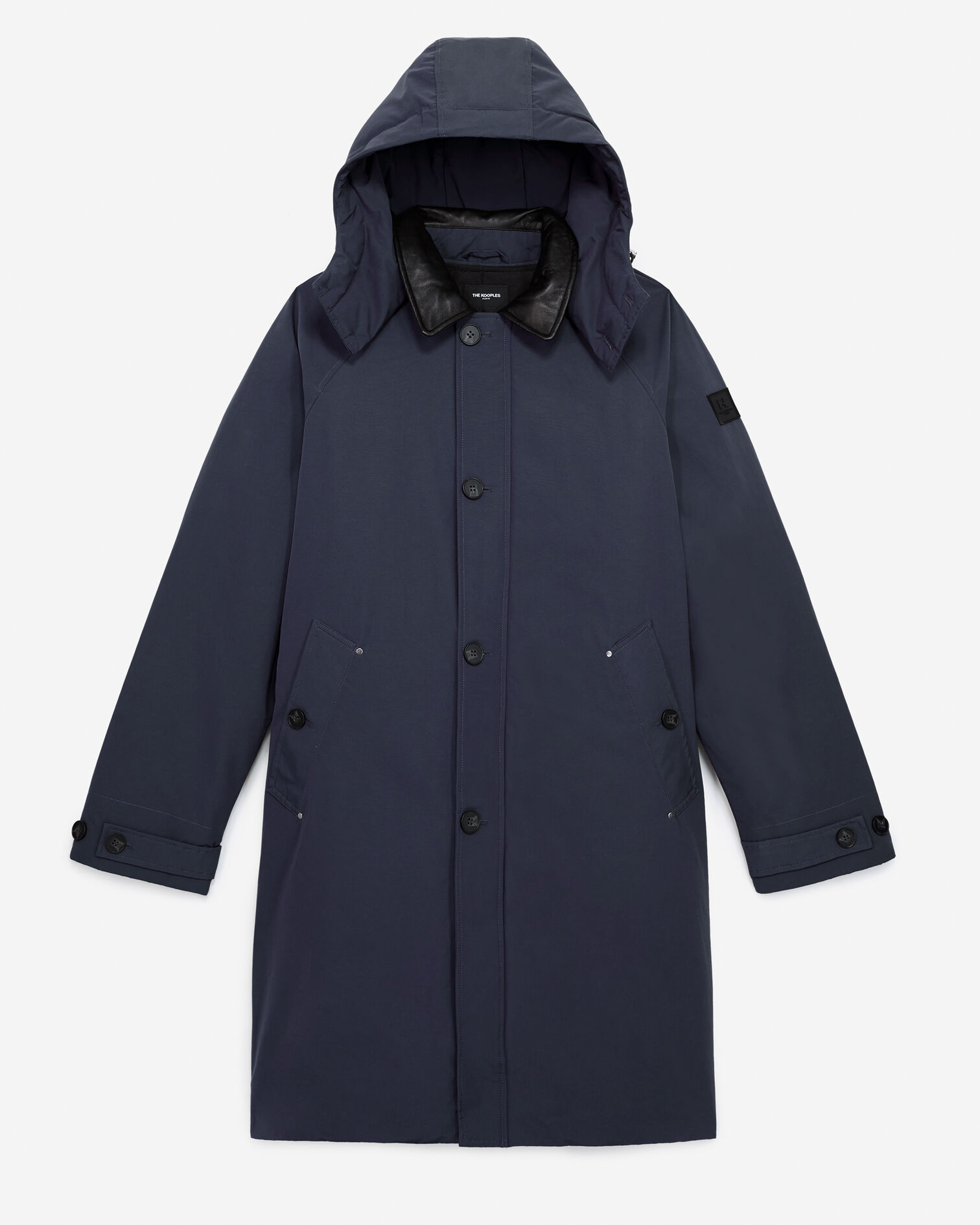 Parka nylon à capuche cuir bleu marine, DARK NAVY / BLACK, hi-res image number null