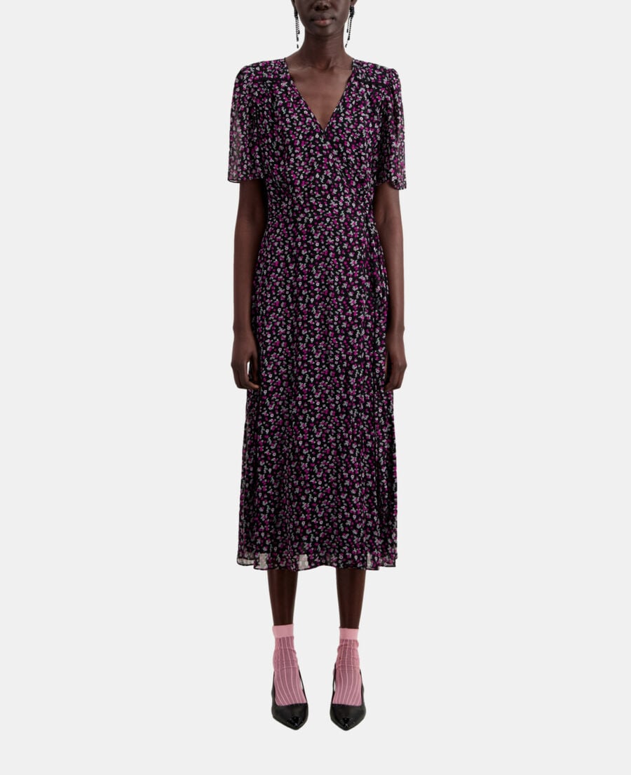 The Kooples FEMME BLACK / PINK robe portefeuille longue imprimée