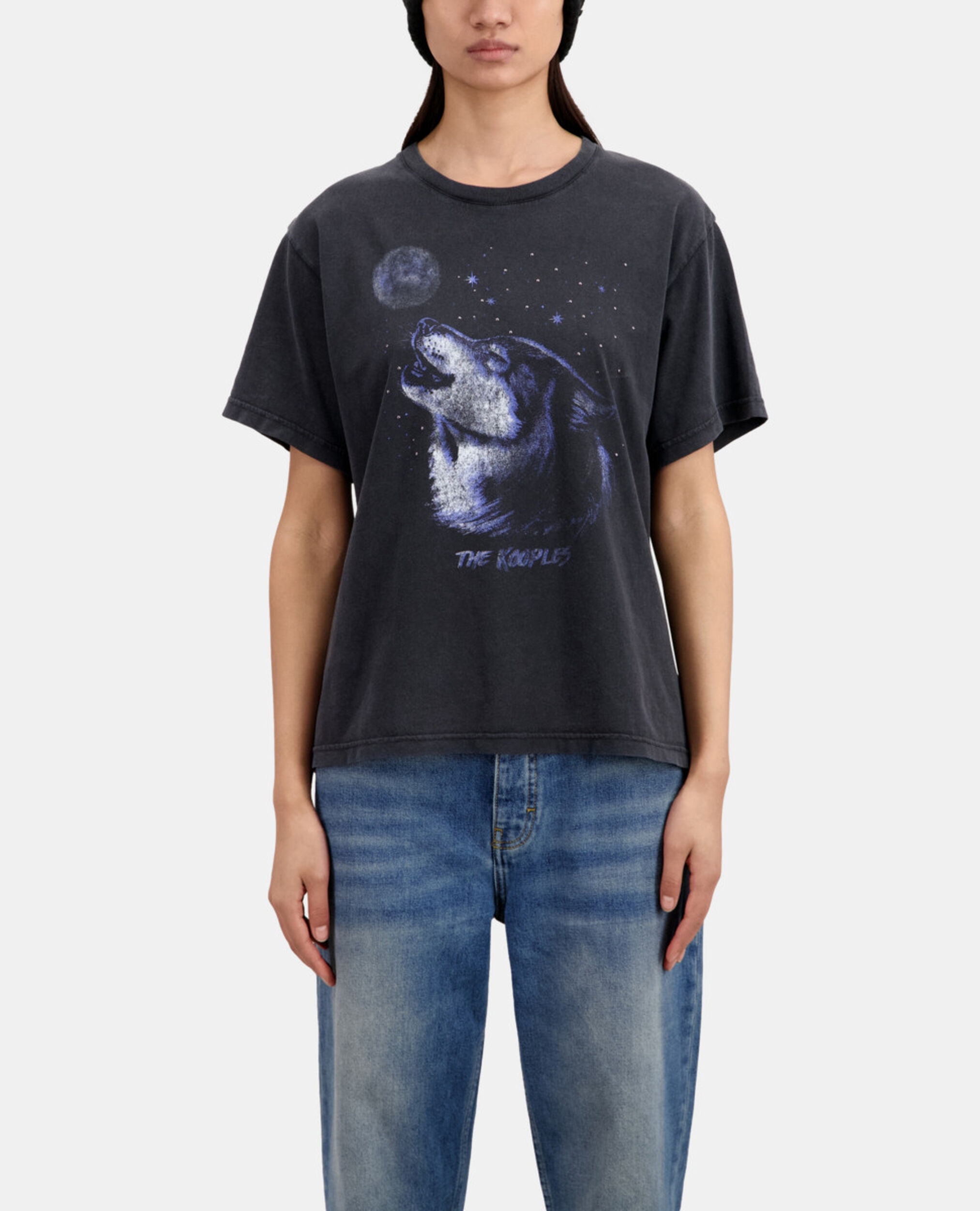 Schwarzes T-Shirt Damen mit „Wolf“-Siebdruck, BLACK WASHED, hi-res image number null