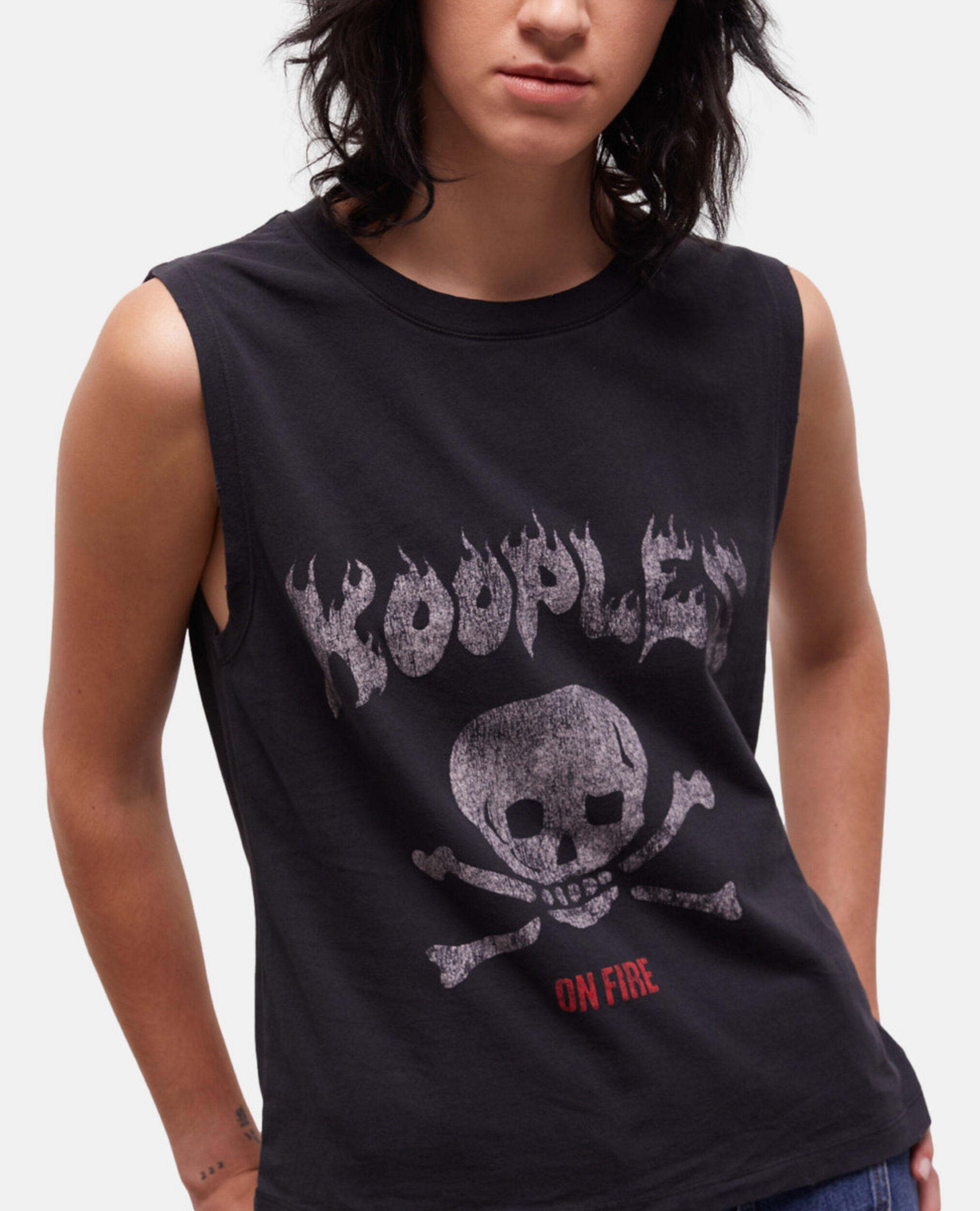 Women's black screen print t-shirt, BLACK WASHED, hi-res image number null