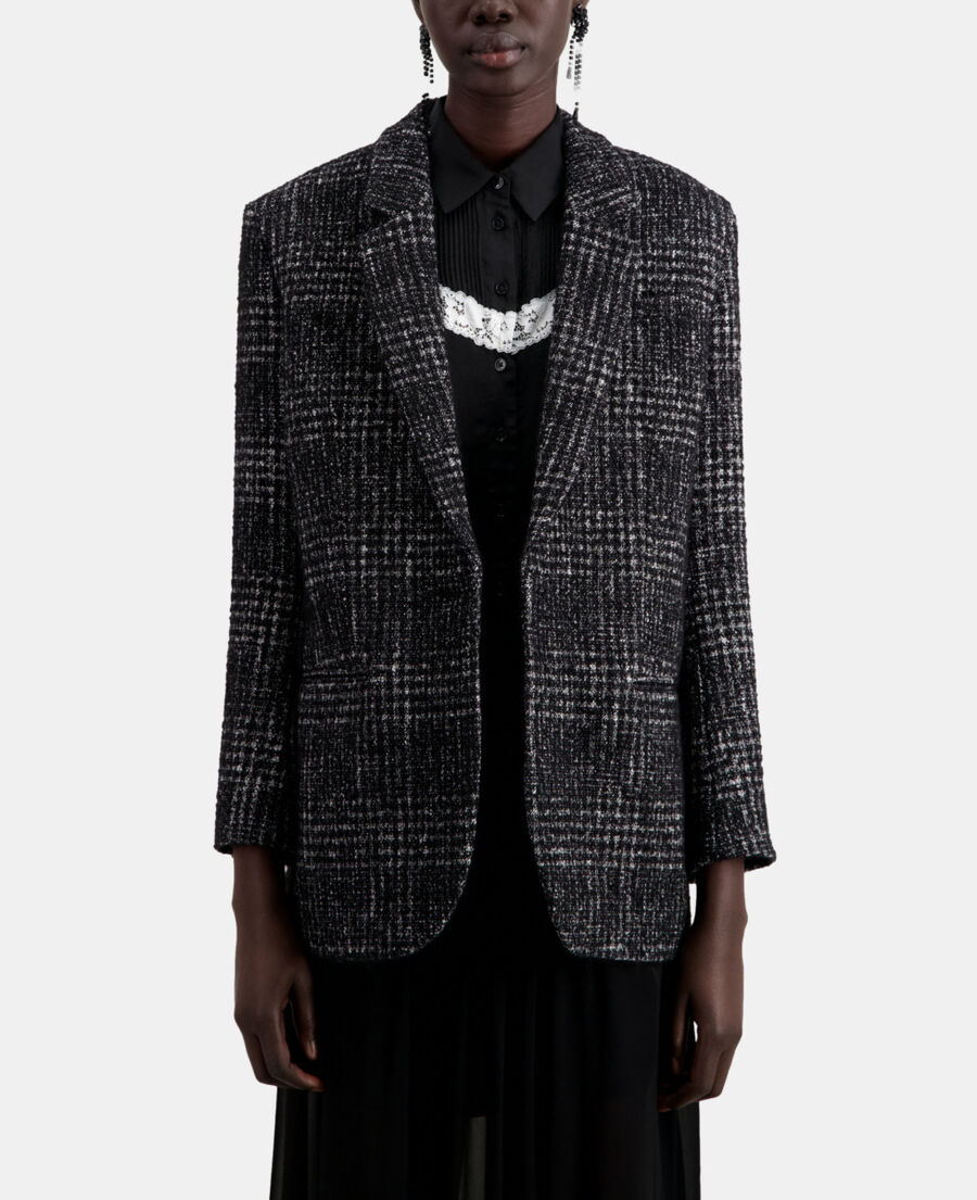 black and white tweed blazer
