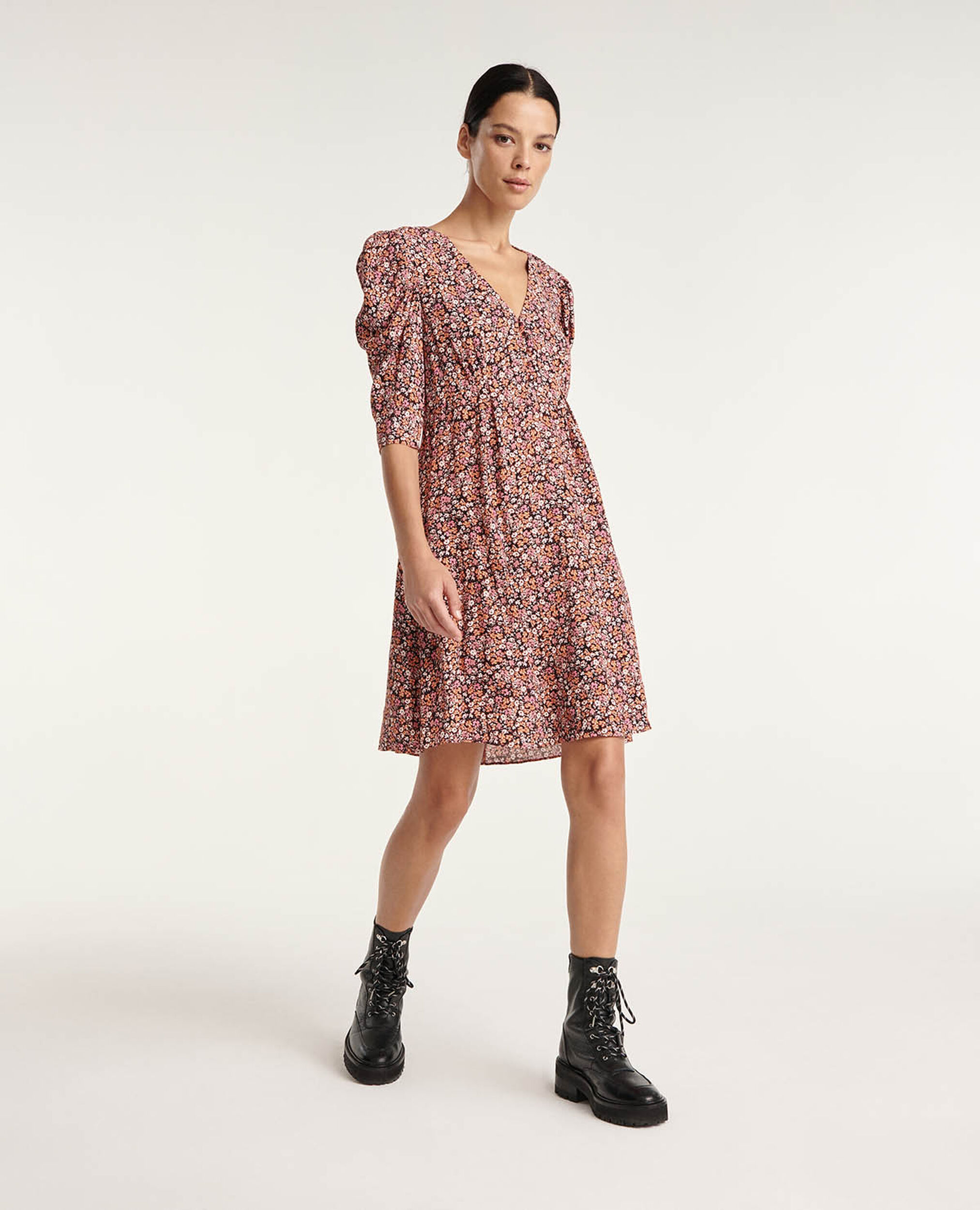 Short printed dress with gathered shoulders, PINK, hi-res image number null