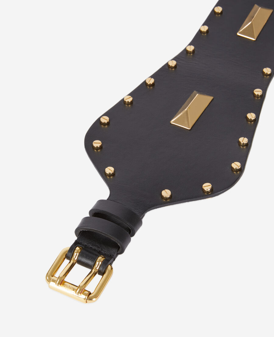 ceinture large en cuir noir avec clous et empiècements métalliques