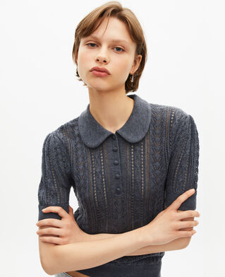 The Kooples WOMEN ANTHRACITE grey merino wool short-sleeve sweater