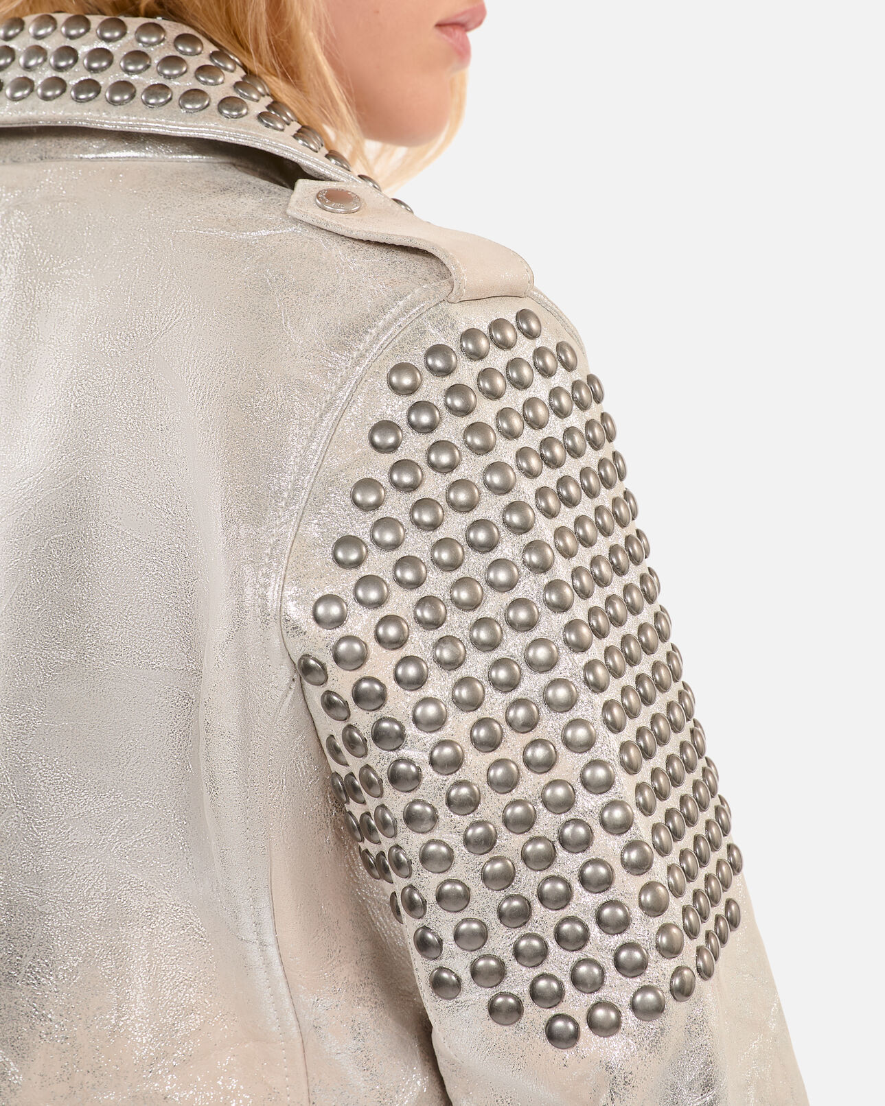 The Kooples F 52 ARGENT VIEILLI CORNE studded silver leather jacket