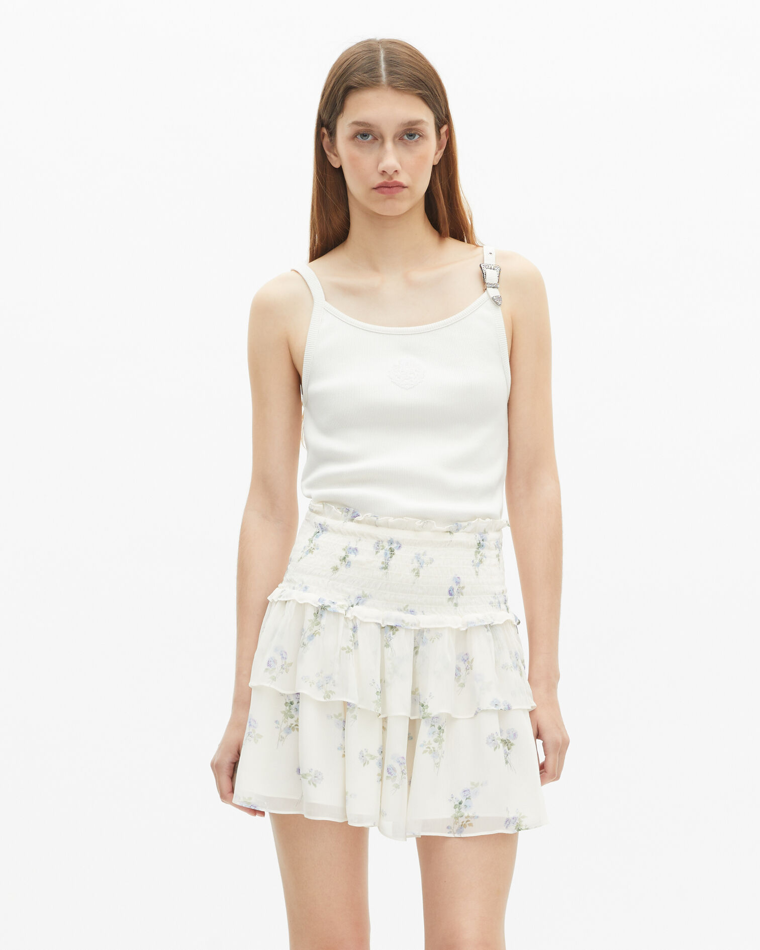 White floral print short skirt with ruffles, WHITE / SKY BLUE, hi-res image number null