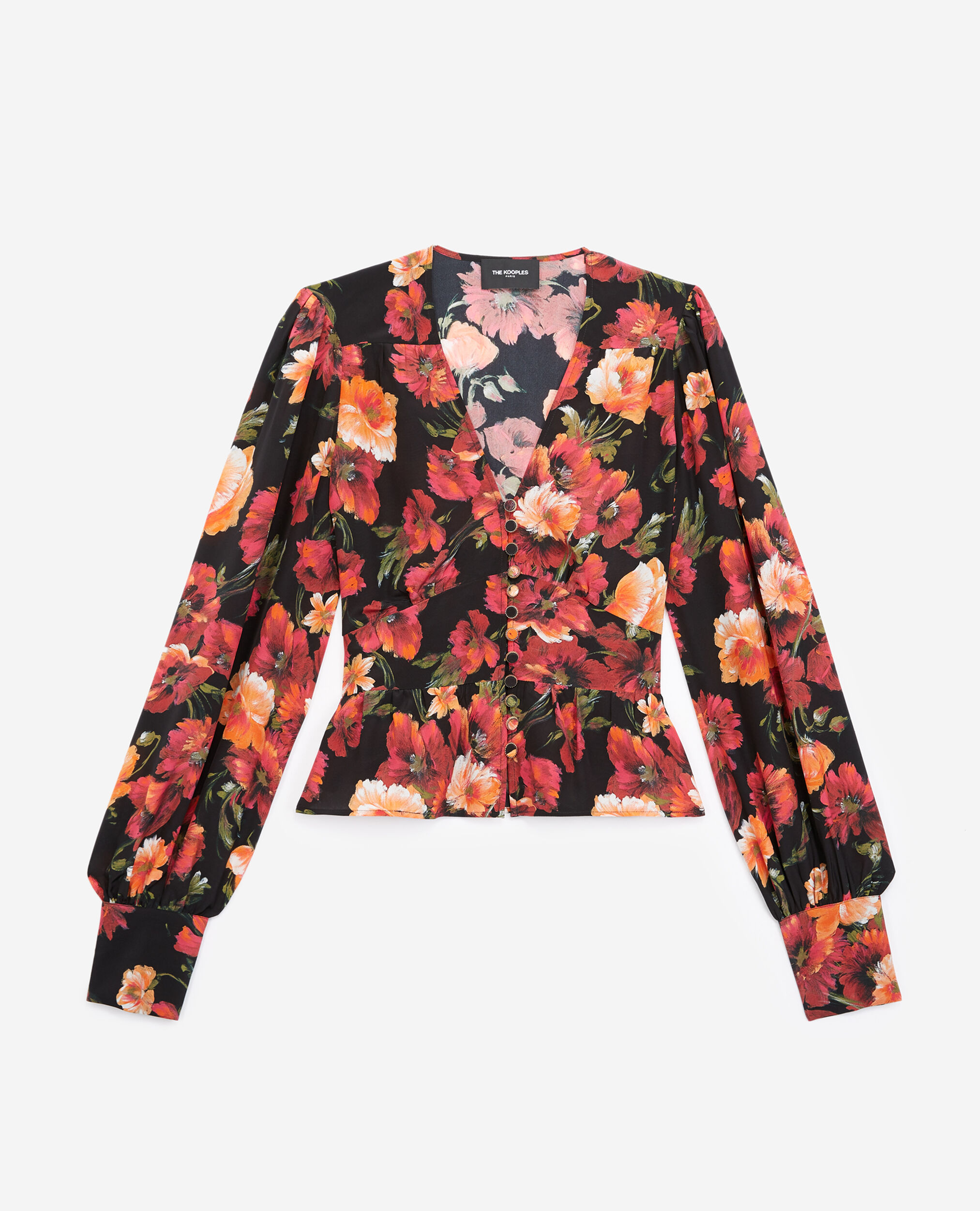 Silk top with orange floral print, MULTICOLOR, hi-res image number null