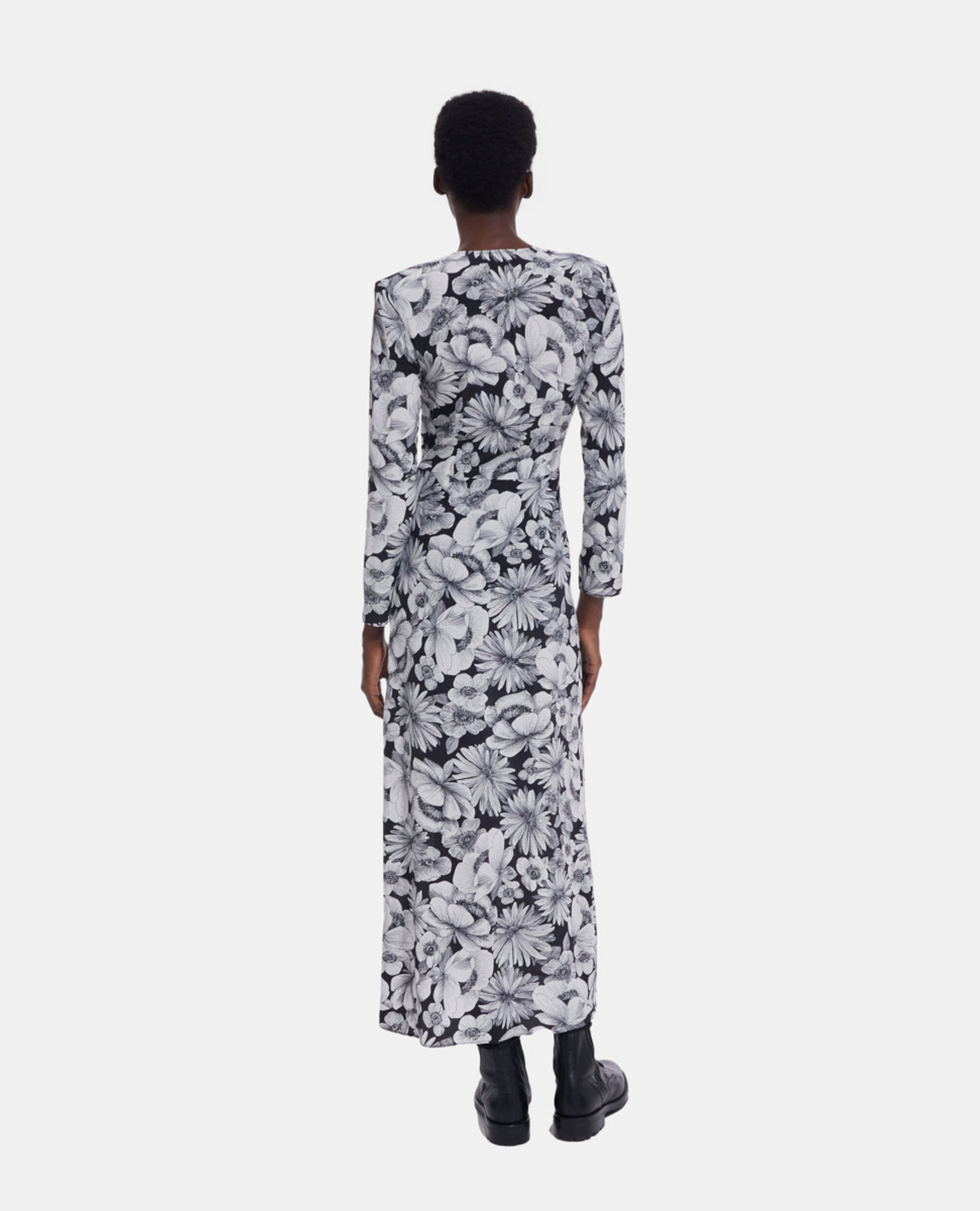 Long floral silk dress, BLACK WHITE, hi-res image number null