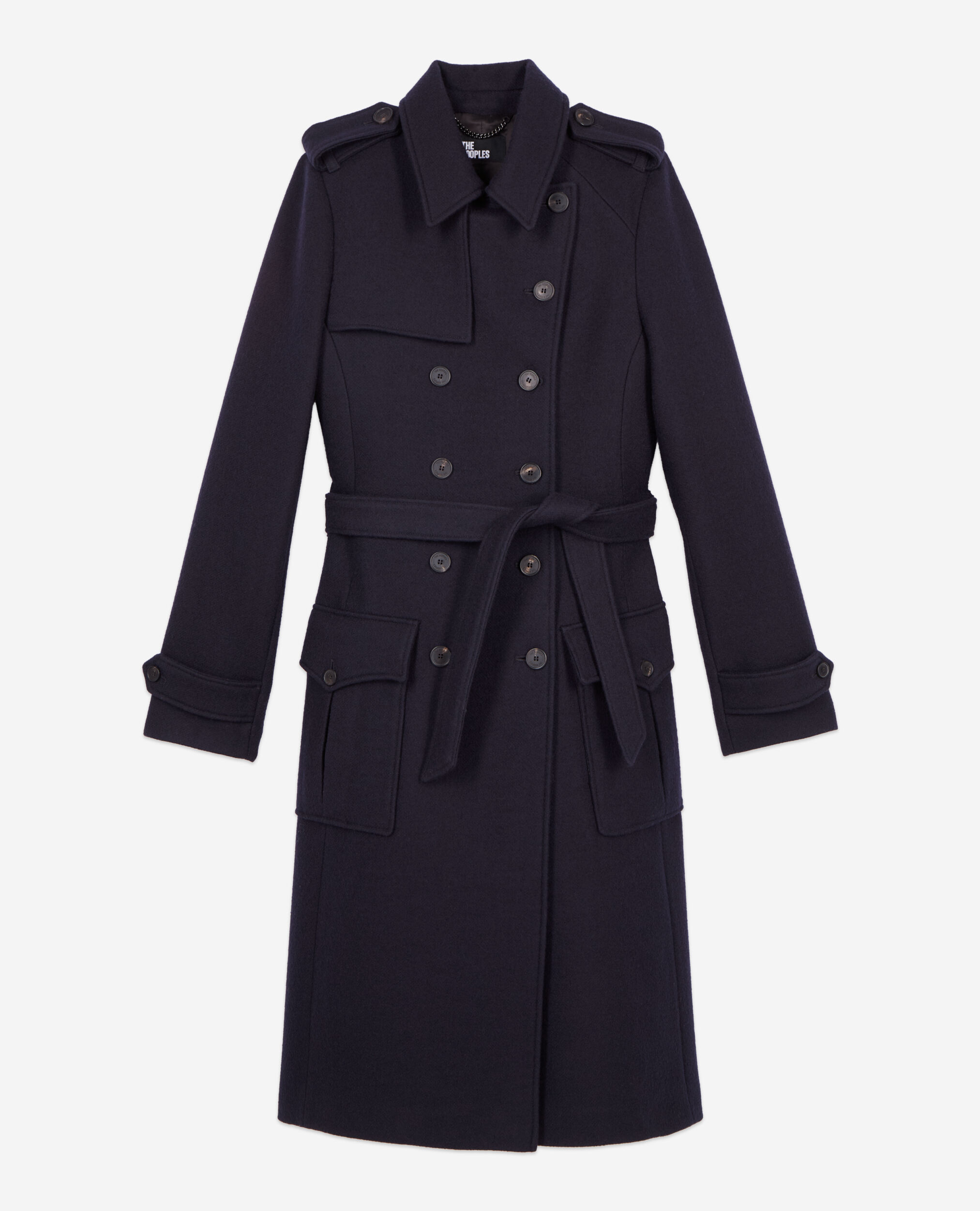 Long navy blue trench style coat, DARK NAVY, hi-res image number null